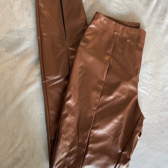 Leather Brown Split Leg Pants - Picture 3 of 7